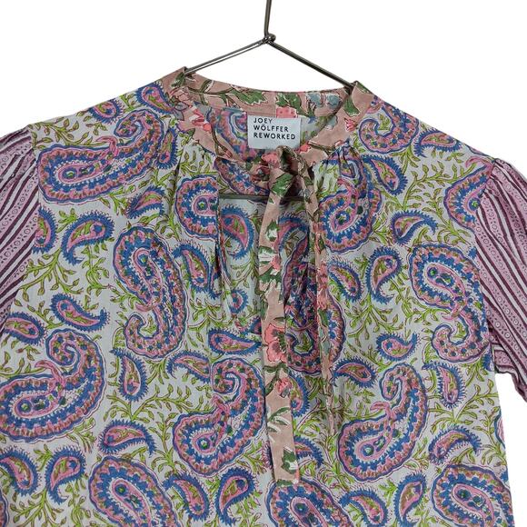 Joey Wolffer Reworked Paisley Boho Blouse Size XS Pink and Blue Long Sleeve - Picture 6 of 9